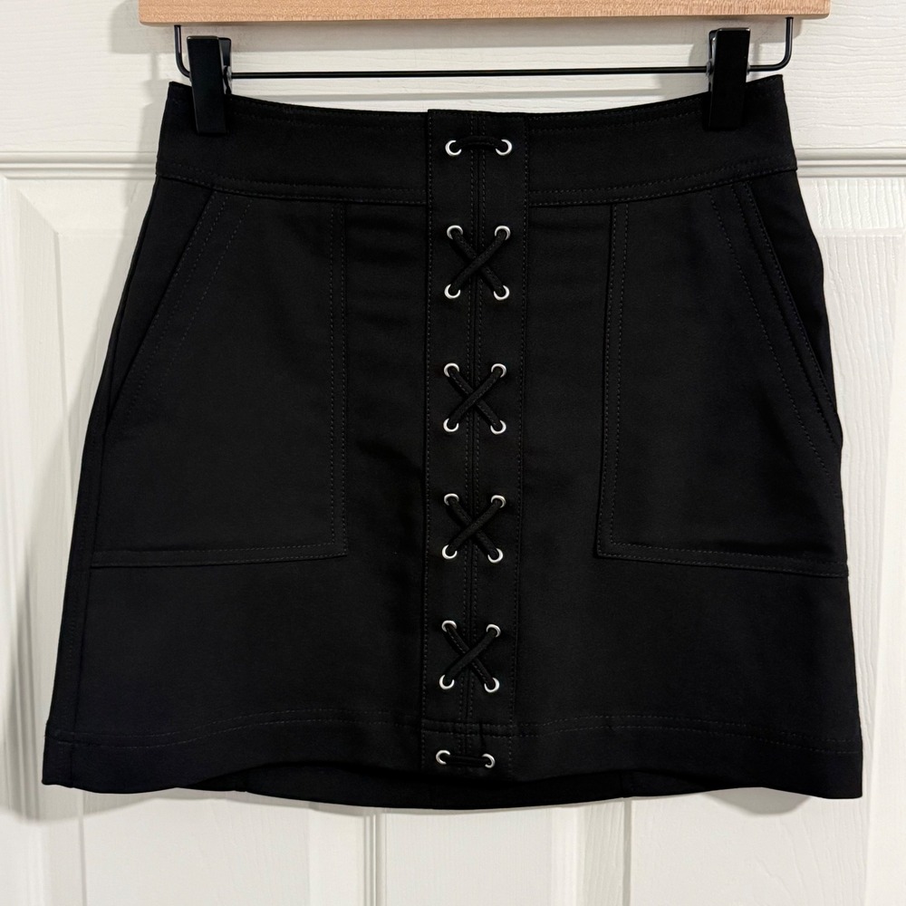 EXPRESS Micro Mini Skirt Women 00 Black Lace Up XXS Skater Whimsy Dark Romantic - Picture 2 of 9